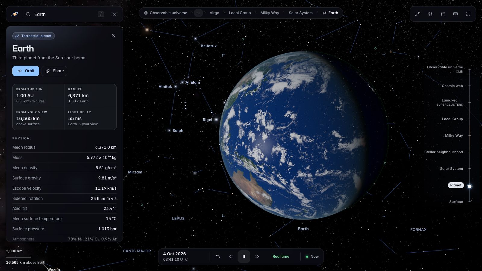 Earth with live cloud cover, seen from 16,565 km.