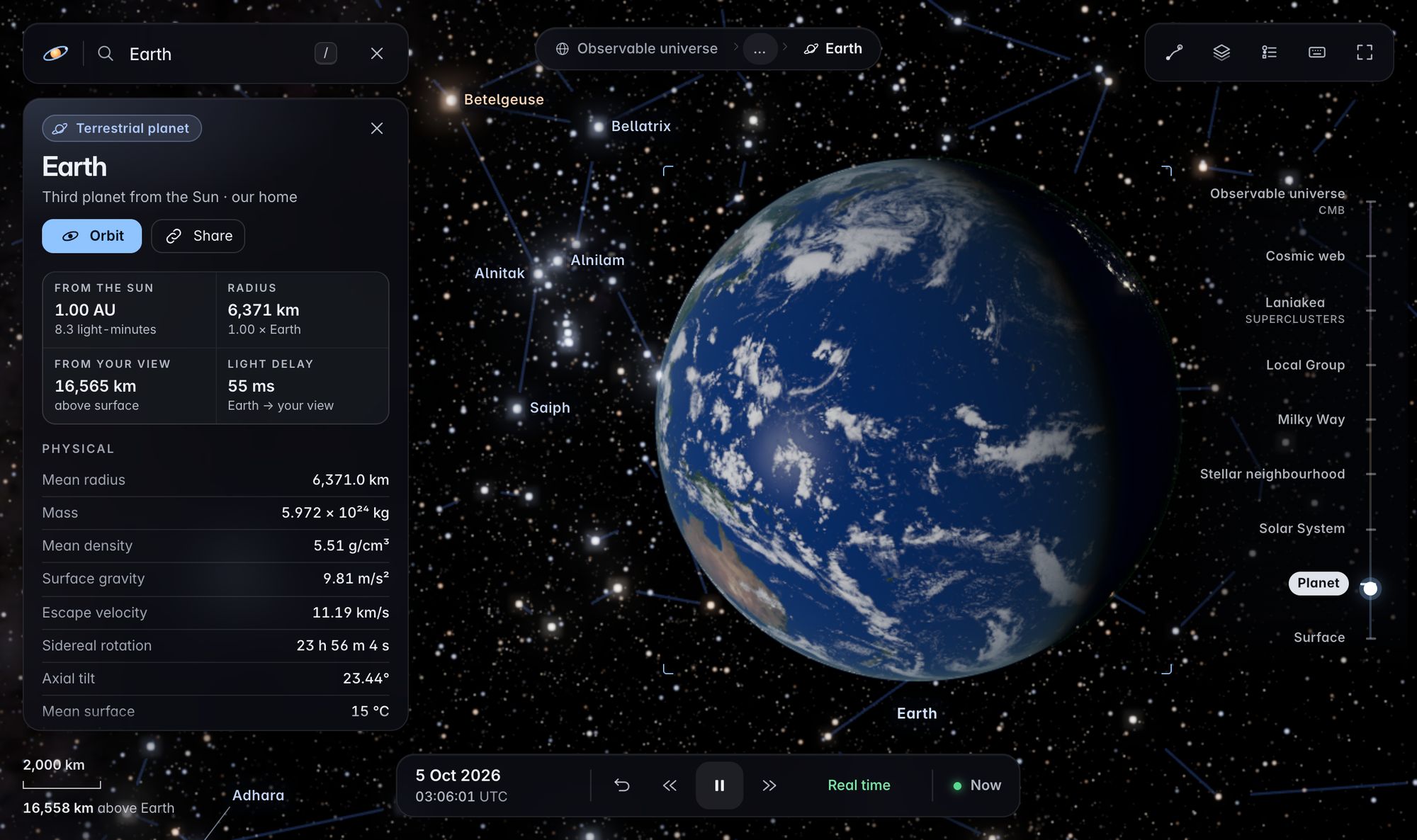 Universe Atlas opening on Earth among the constellations, with Earth's details in a side panel and the scale ladder on the right.