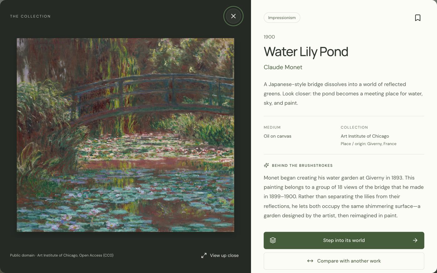 Monet's Water Lily Pond open in the artwork view, with its medium, collection, and history.