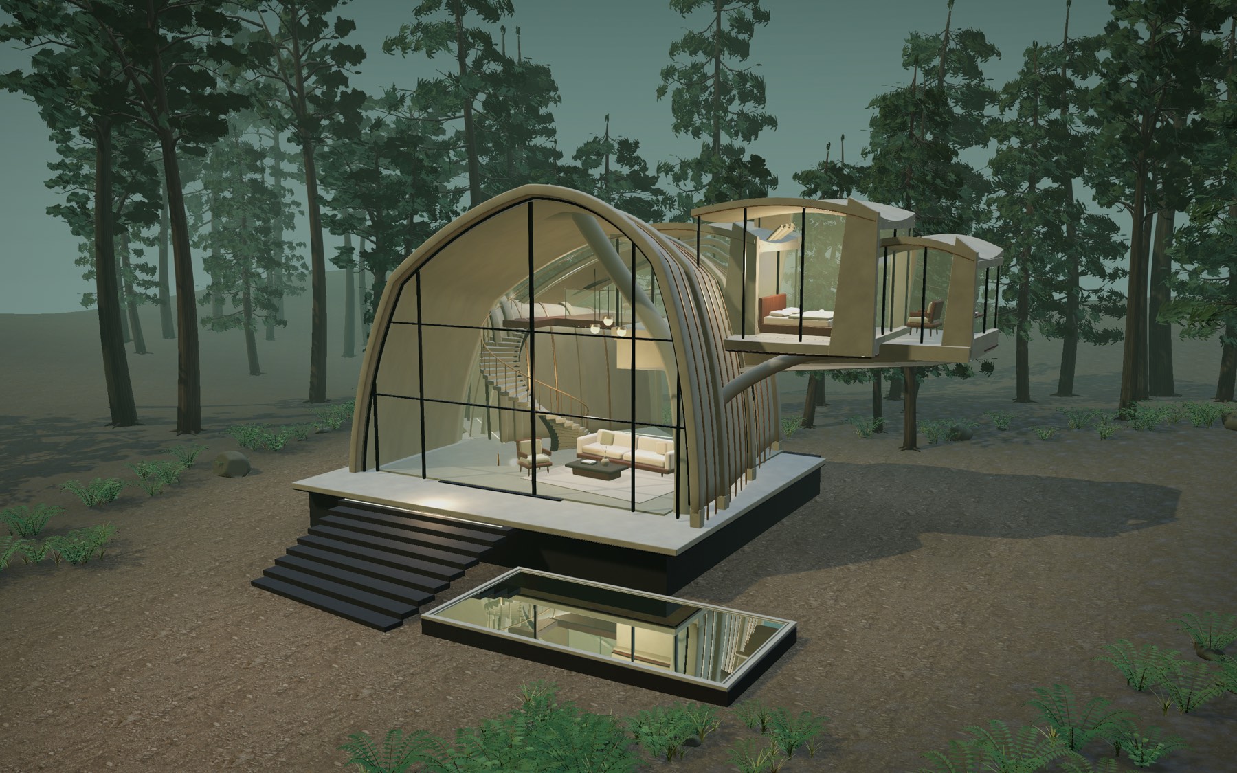 Vesper House in Cinematic mode: timber, glass, and warm interior light at dusk.